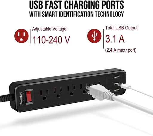 SUPERDANNY 9.8ft 5 Outlet 3 USB Port Power Strip USB Surge Protector Multiple Protection