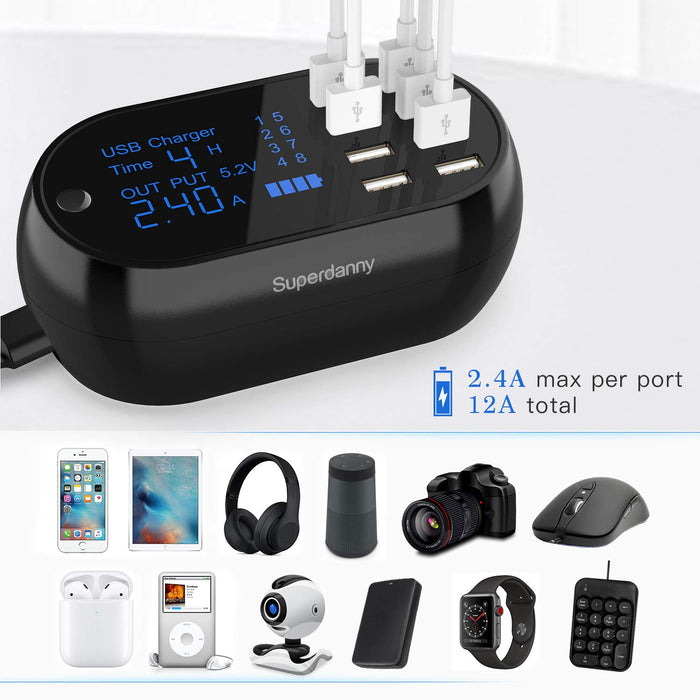 SUPERDANNY Multiple USB Charging Station with Timer and Current Display-Black