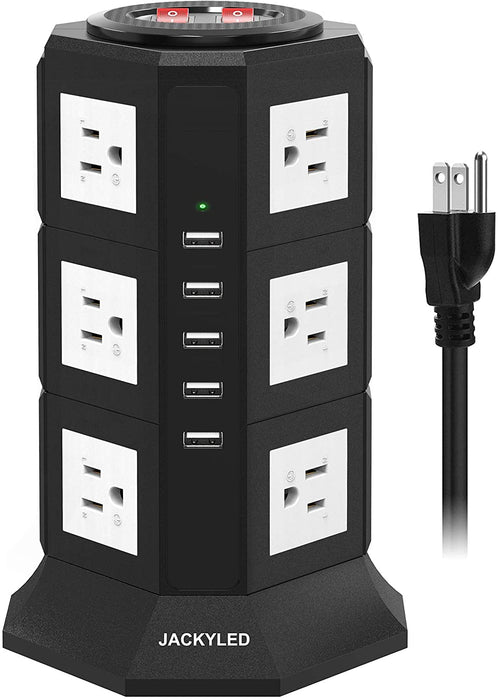 JACKYLED 5 USB 12 Outlet Power Strip Tower