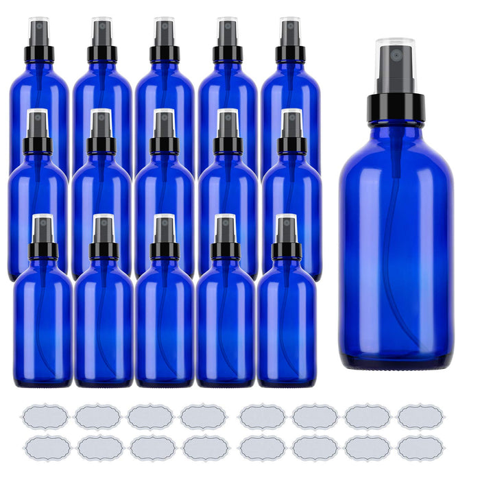 ULG 4oz Glass Spray Bottles Fine Mist Sprayers 16 Piece Amber/Blue/Clear