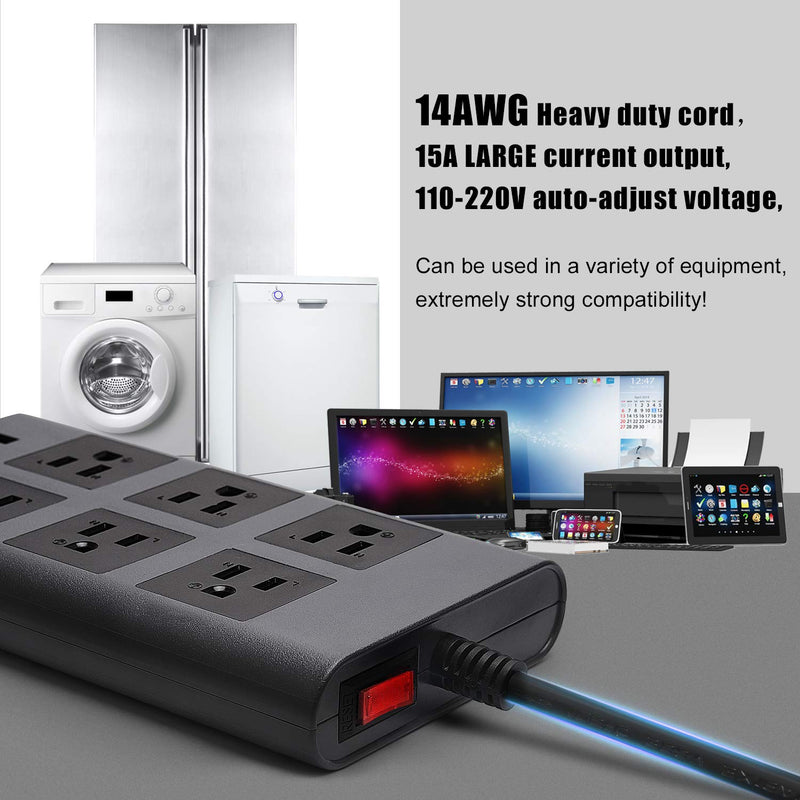 SUPERDANNY 10ft 14AWG 15A 2.4A USB Power Strip Surge Protector
