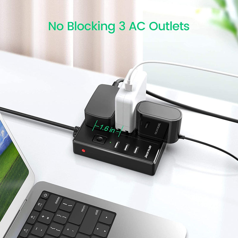 JACKYLED Portable Multi-Plug Power Strip with 3 USB Ports and 3 Wide AC Outlets