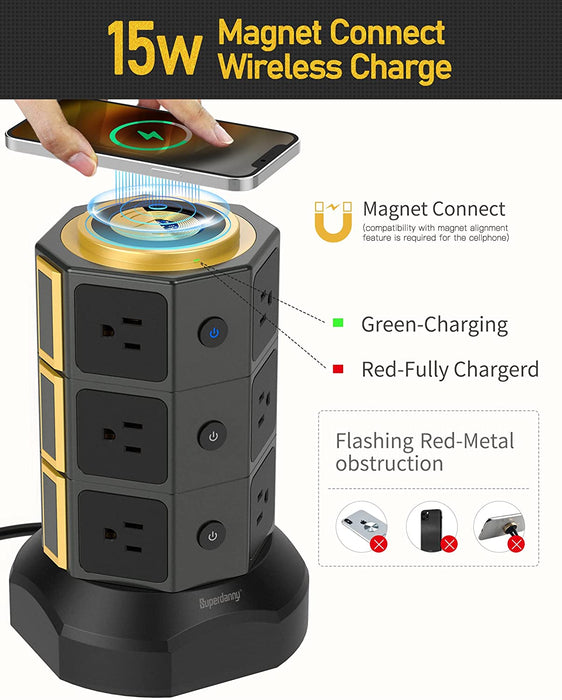 SUPERDANNY 6.5ft Power Strip Tower with 15W Magnet Connecting Wireless Charger, 1050J Surge Protector Tower