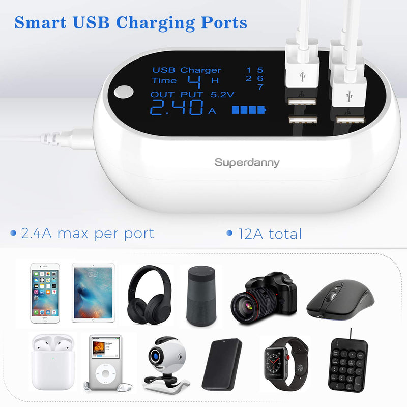 SUPERDANNY Multiple USB Charging Station with Timer and Current Display-White