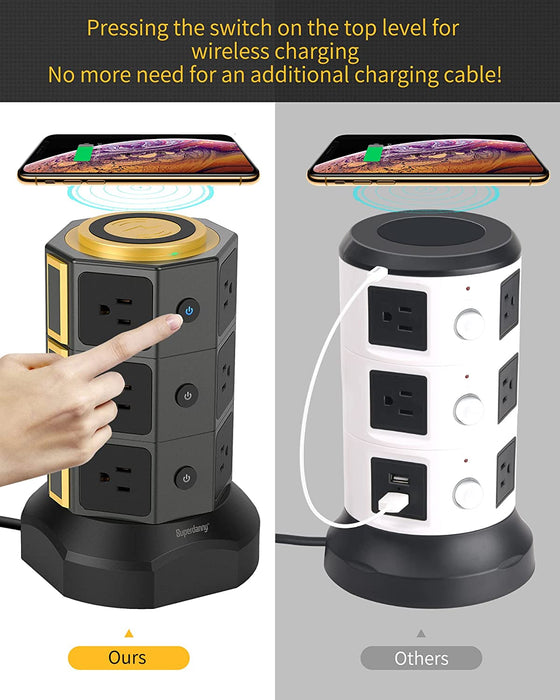 SUPERDANNY 6.5ft Power Strip Tower with 15W Magnet Connecting Wireless Charger, 1050J Surge Protector Tower