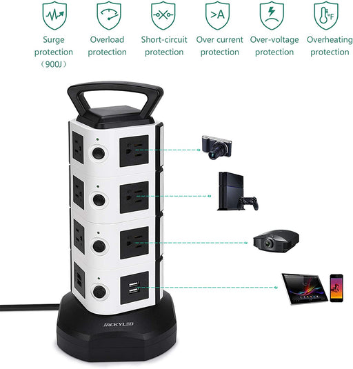 JACKYLED Power Strip Tower 14 Outlet Plugs with 4 USB Slot 3000W