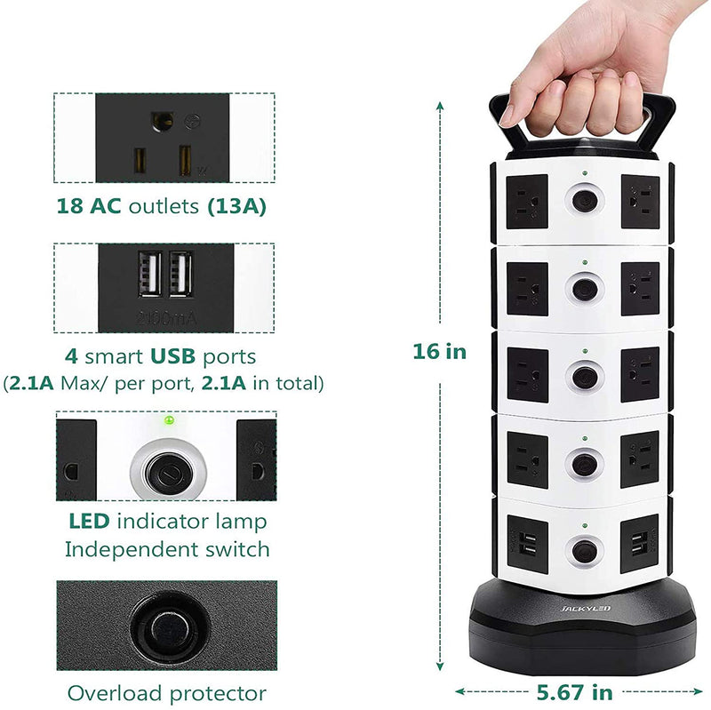 Power Strip Tower JACKYLED  3000W 13A 18 AC Outlets 4 USB Ports