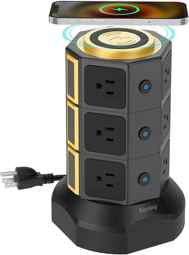 SUPERDANNY 6.5ft Power Strip Tower with 15W Magnet Connecting Wireless Charger, 1050J Surge Protector Tower