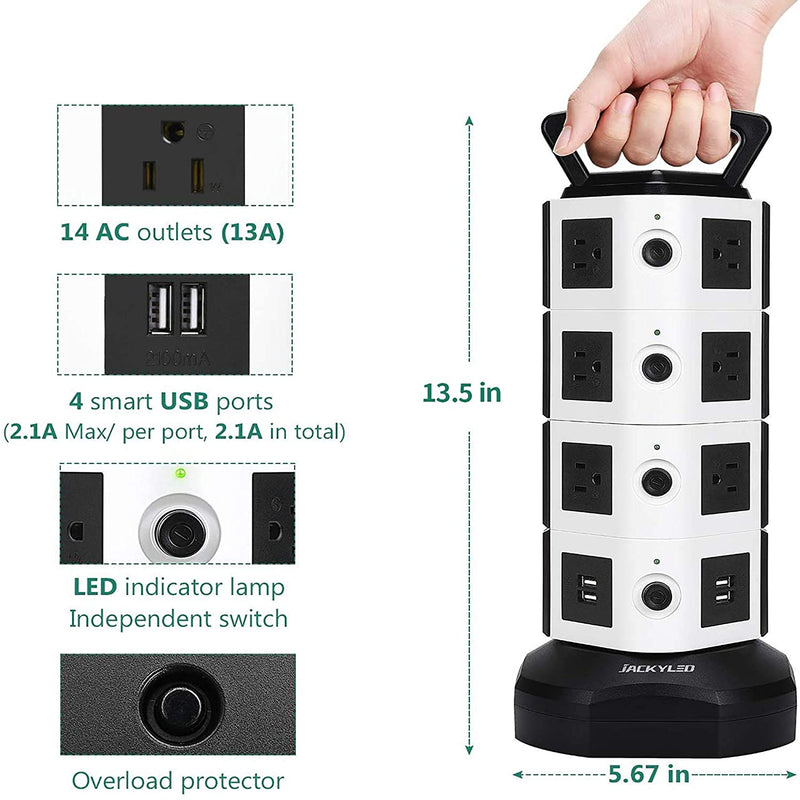 JACKYLED Power Strip Tower 14 Outlet Plugs with 4 USB Slot 3000W