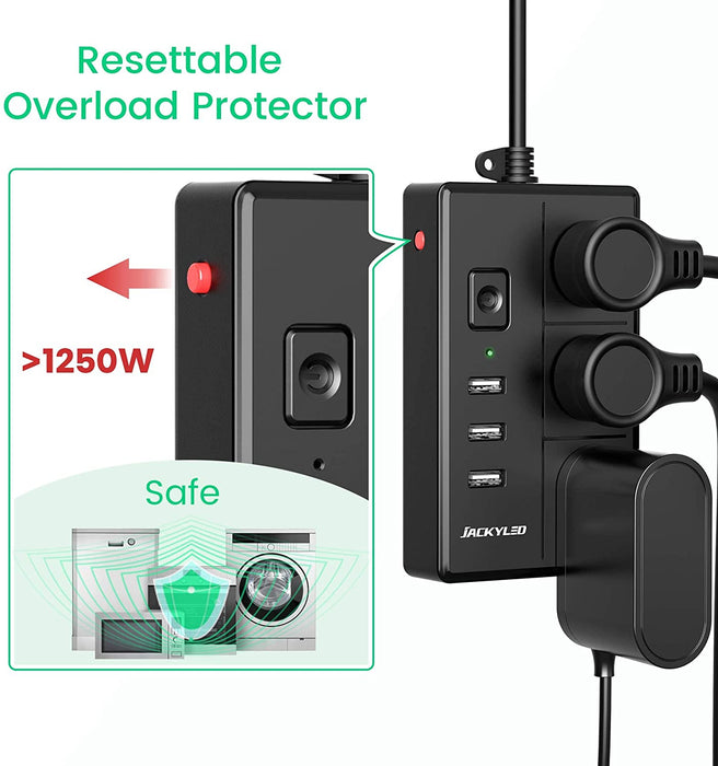 JACKYLED Portable Multi-Plug Power Strip with 3 USB Ports and 3 Wide AC Outlets