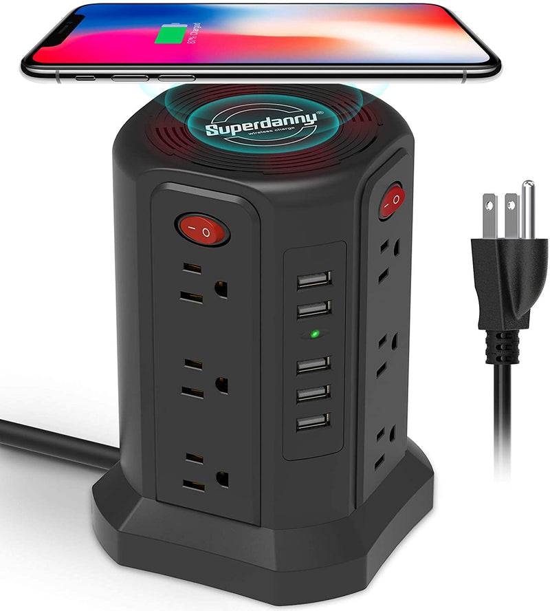 Surge Protector Tower Wireless Charger SUPERDANNY, 12 AC Outlets 5 USB Ports