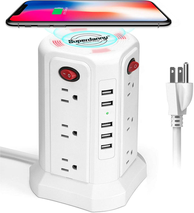 Surge Protector Tower Wireless Charger SUPERDANNY, 12 AC Outlets 5 USB Ports