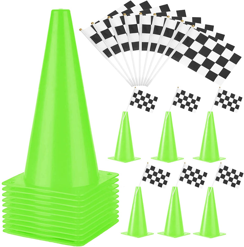 11 Inch Plastic Traffic Cones with Chequered Flags , 10 Pack Thick Soccer Training Cones PACEARTH