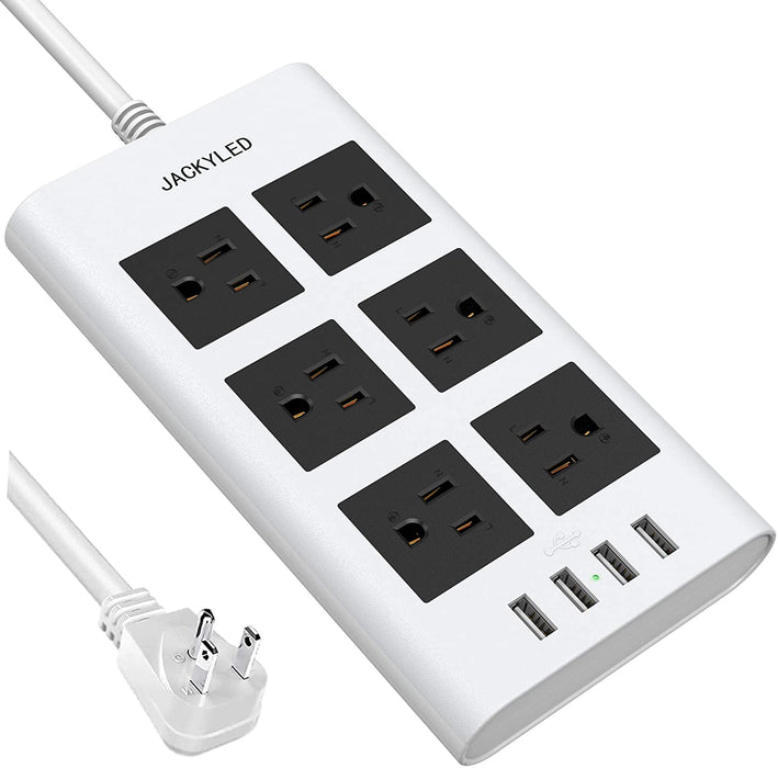 JACKYLED 9.8 Ft Flat Plug Power Strip, 3.1A 4 USB Ports 6 Outlets