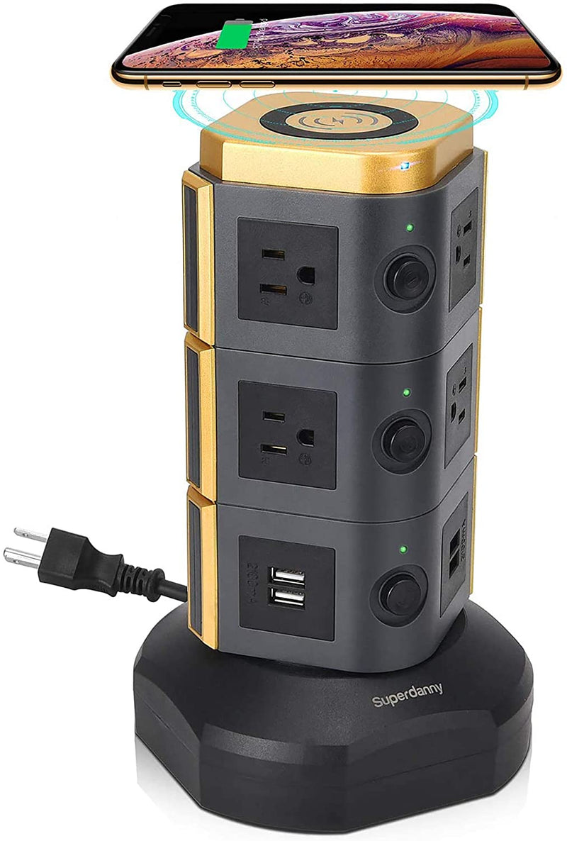 SUPERDANNY Surge Protector Tower with 10W Wireless Charger, Surge Protector Power  Strip Tower, Power Strip with USB
