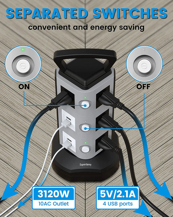 SUPERDANNY 6.5ft & 4.2A USB Surge Protector Power Strip Tower 3000W 13A with 4 USB Ports Fast Charging