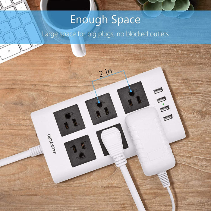 JACKYLED 9.8 Ft Flat Plug Power Strip, 3.1A 4 USB Ports 6 Outlets