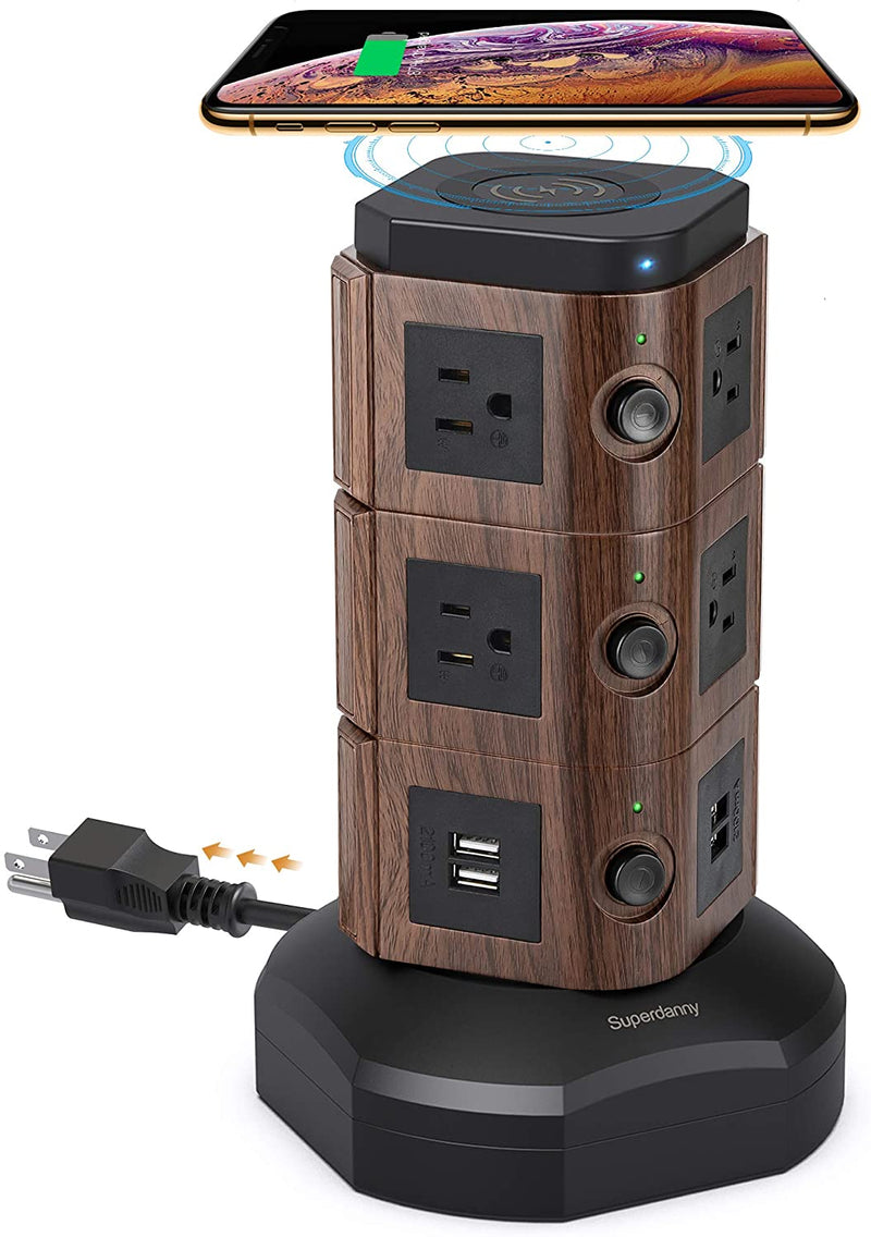 SUPERDANNY Surge Protector Tower with 10W Wireless Charger, Surge Protector Power  Strip Tower, Power Strip with USB