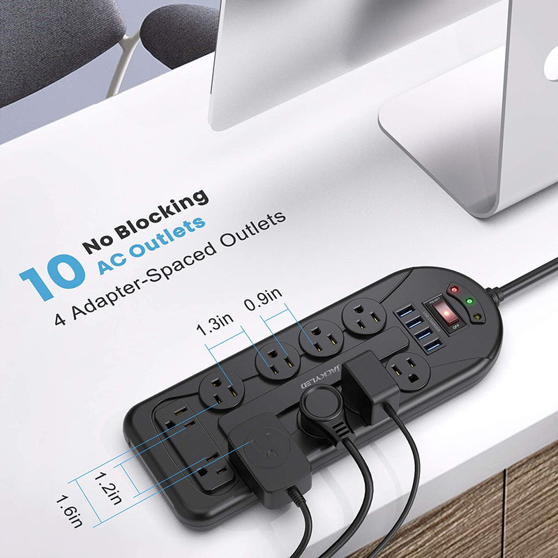 JACKYLED 10 AC Outlets Power Strip with 45° Angle Flat Plug, 9.8 Ft