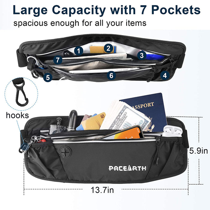 PACEARTH Anti-Theft Fanny Pack with 7 Pockets 2 hooks, 13.7*5.9''