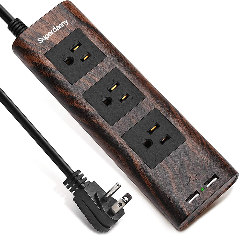 SUPERDANNY 9.8ft 3 Outlet Power Strip with 2 USB 10A Wood Grain